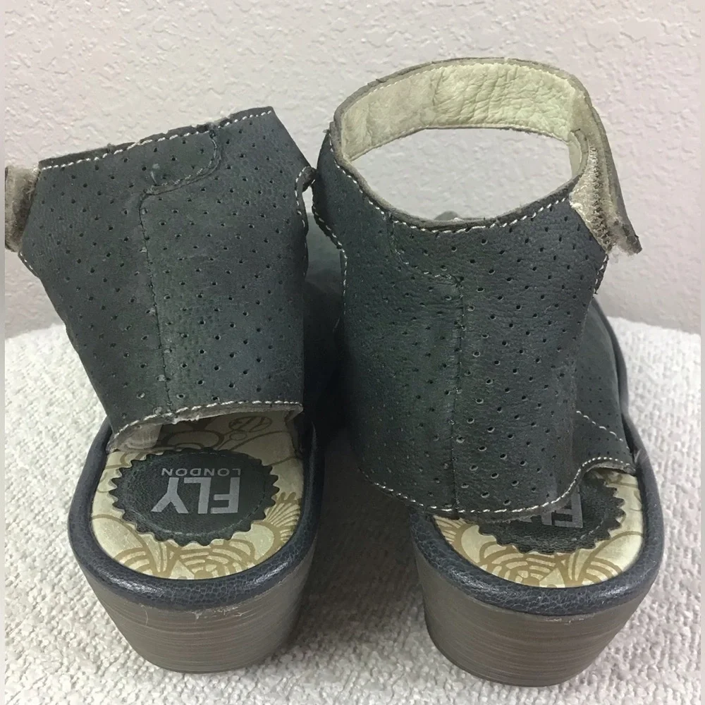 Fly London Yala Perforated Suede Forest Green Peep Toe Ankle Strap Women’s 38